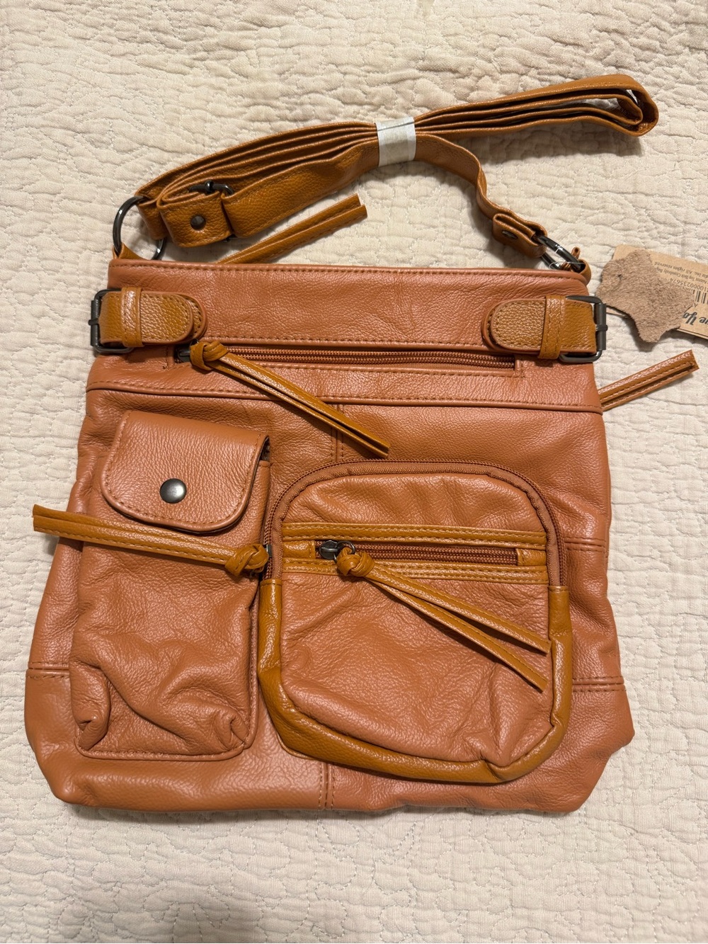 Krediz Super Soft Genuine Leather Accent Top Belt Crossbody Bag - Light Brown